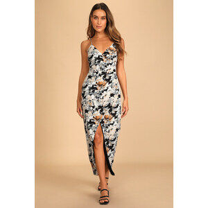 Lulus Fresh Impression Black Floral Print Surplice Maxi Dress - Size XL NWOT